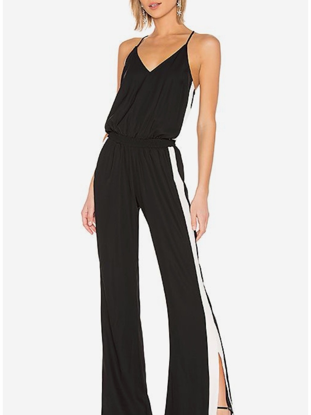 Amanda Uprichard Black V-Neck Spaghetti-Strap Jumpsuit with White Side Stripe